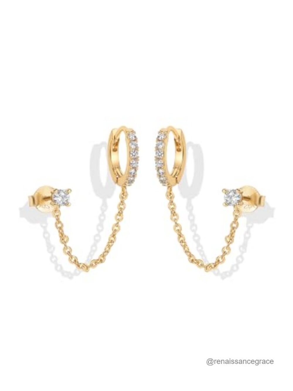14K Gold Plated Double Piercing Earring Set with CZ and Pearl Stud (NO colors,